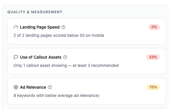Avisos Google Ads audit showing Quality & Measurement checks