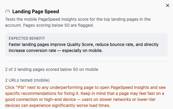 Avisos recommendations panel showing Landing Page Speed audit findings
